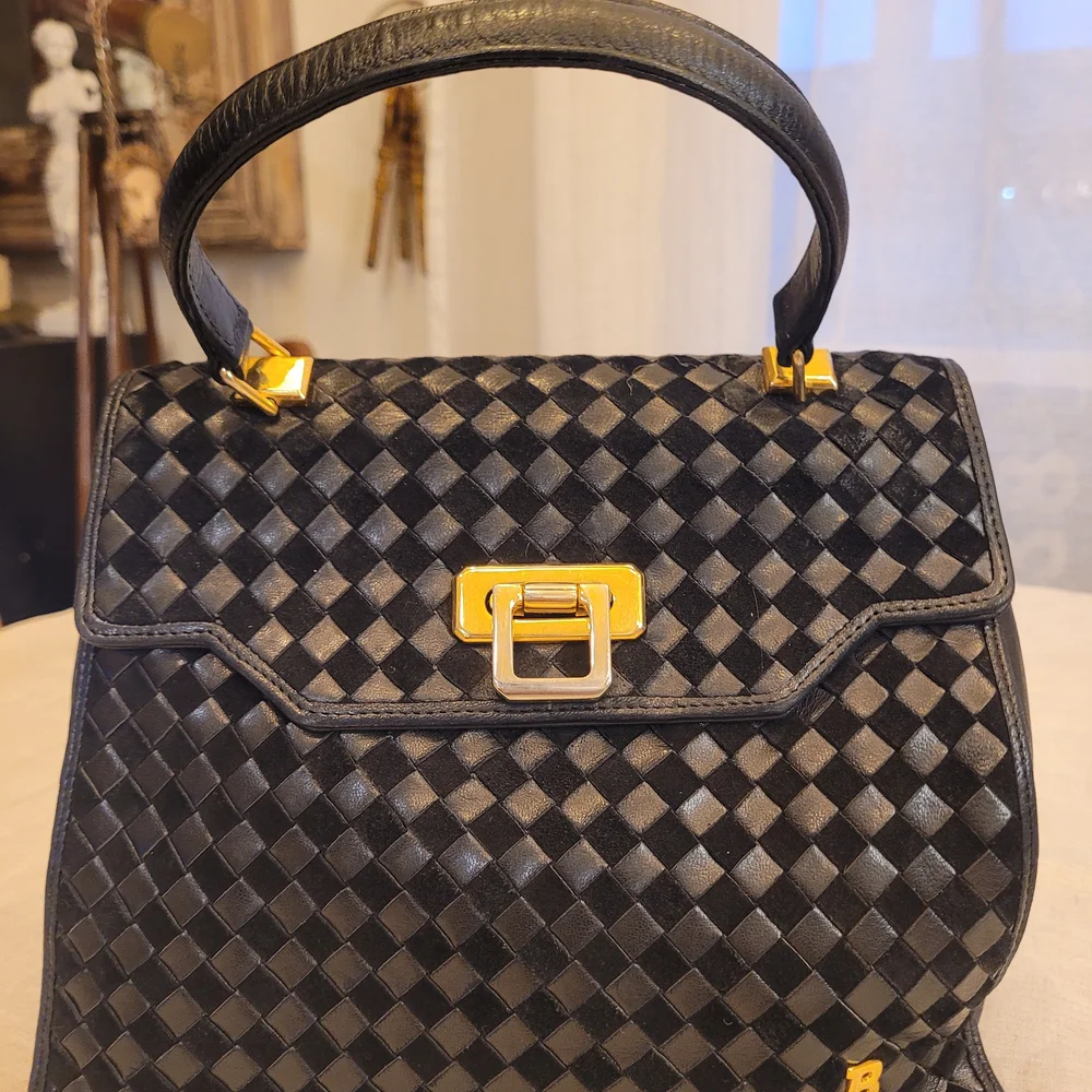 Bally Black Woven Leather Top-Handle Satchel with Gold Hardware $850